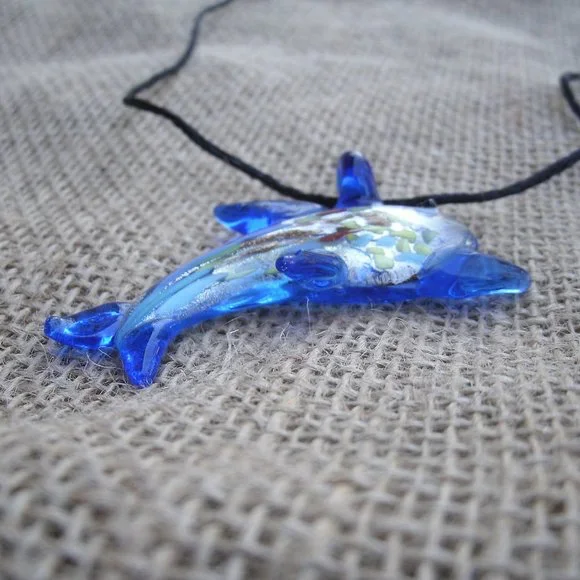 Murano Glass Blue Dolphin Pendant Necklace - Picture 4 of 15